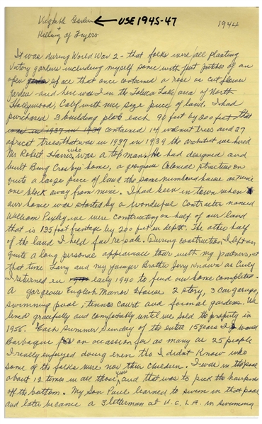 Moe Howard's Handwritten Manuscript Page When Writing His Autobiography -- Moe Describes His Life in Los Angeles, Including Having Parties Where He Didn't Know the Guests --  Single 8'' x 12.5'' Page